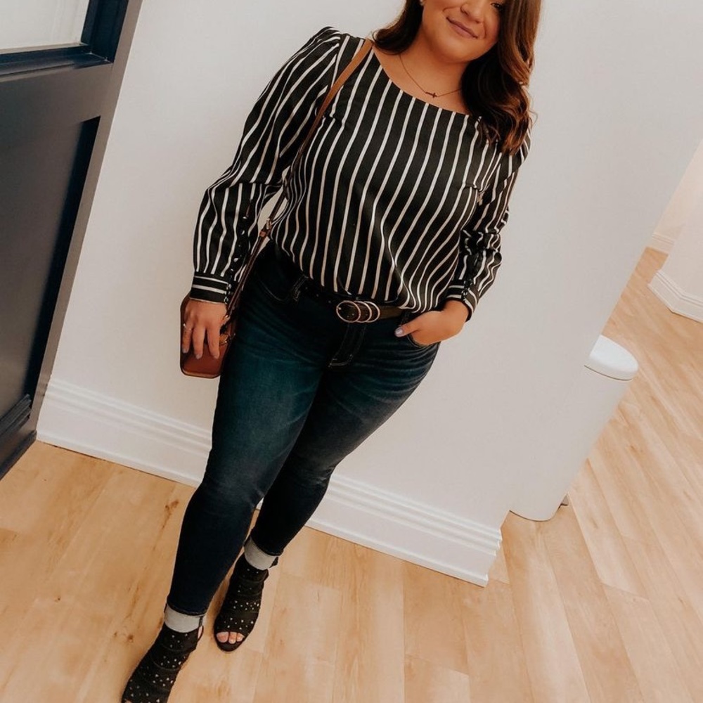 Black & champagne striped blouse.